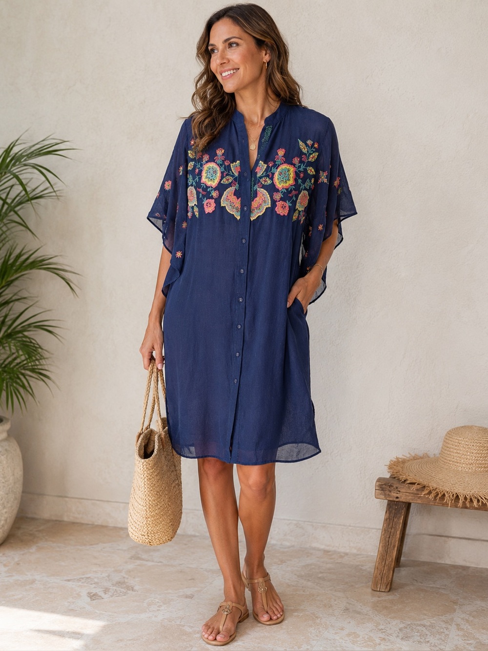 Ritu Kumar Women’s Blue Mosaic Floral Embroidered Tunic Mini Dress Small Cotton